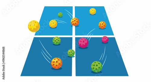 Multi-colored balls with holes bouncing on a blue court