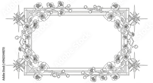 Elegant Decorative Rectangular Floral Frame with Star Accents, Line Art Vector, Isolated White Background