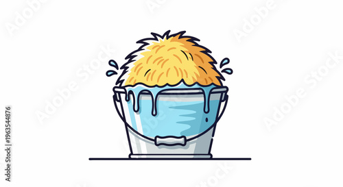 Overflowing bucket with yellow substance and splashing blue liquid