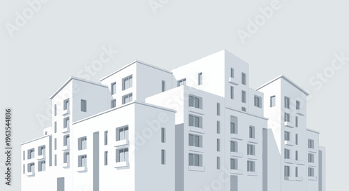 Modern modular apartment buildings with geometric lines against a pale sky
