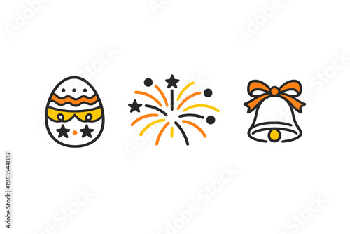 Symbols of celebration show an egg, fireworks, and a bell in a simple design during a festive time