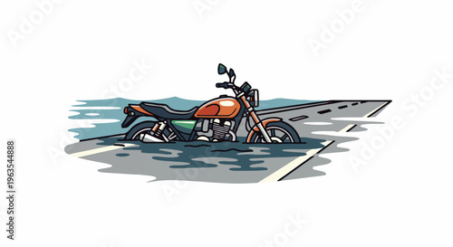 Orange motorcycle stuck in flooded road