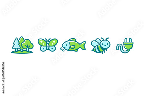Icons show nature, animals, and energy in a simple design for environmental themes and green living concepts