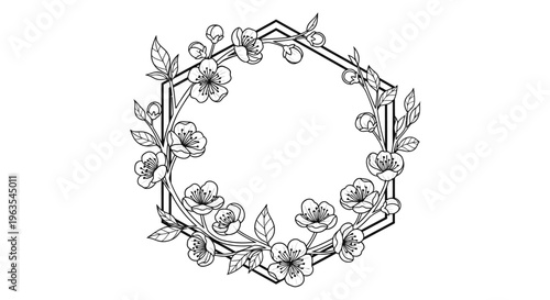 Delicate Hexagonal Floral Frame with Cherry Blossoms and Leaves, Line Art Vector, Isolated White Background