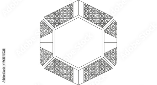 Minimal Geometric Hexagonal Frame with Abstract Patterned Border, Line Art Vector, Isolated White Background