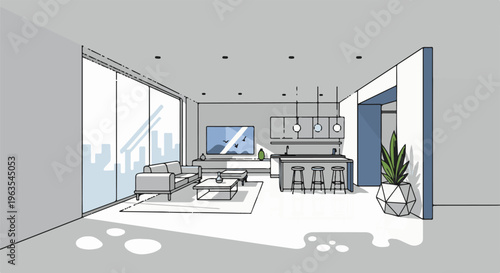 Modern interior sketch of an open plan living and kitchen area