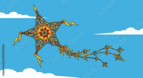 Ornate star-shaped kite with a long, decorative tail soars through a clear blue sky