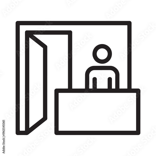 Simple line drawing depicting a receptionist at a desk with an open doorway
