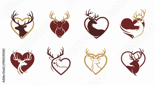 Multiple heart-shaped deer logos in burgundy and gold tones