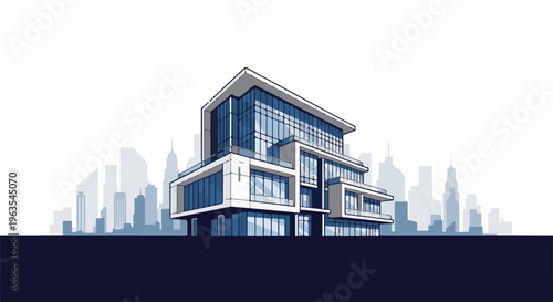 Modern glass office building with abstract cityscape background