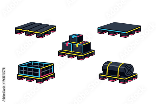 Different types of storage pallets with boxes, rolls, and flat surfaces organized in a simple layout
