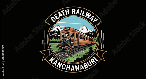 Orange train travels through a mountainous landscape with surrounding banners