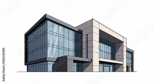 Modern, glass-fronted building with angular architecture and neutral tones