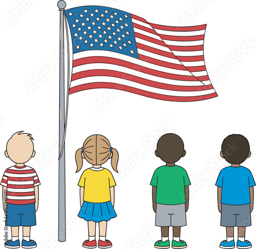 Diverse group of children looking at waving American flag on flagpole cad drawing flat vector illustration minimalist silhouette style for United States patriotism