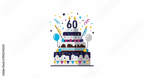 Multi-tiered celebratory cake with candles, balloons, and confetti