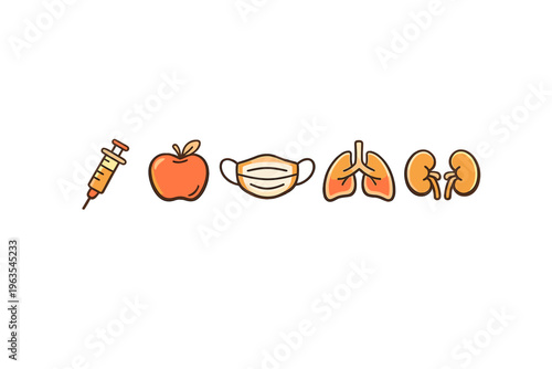 Healthcare symbols with a syringe, apple, mask, lungs, and kidneys showing health and wellness concepts