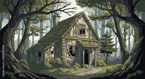 Overgrown abandoned stone cottage surrounded by dense, misty forest