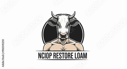 Muscular bull head with human torso, inside a black circle