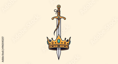 Ornate sword pierces a jeweled crown against a plain backdrop