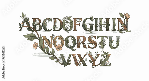 Ornate alphabet with leaves, flowers, and water ripples