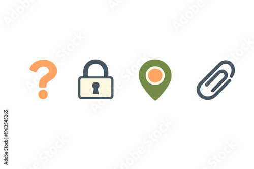 Four simple icons representing question, security, location, and attachment in modern design style