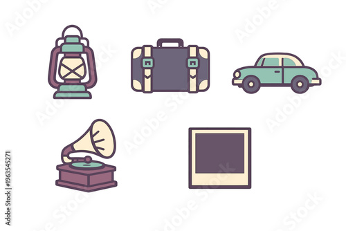 Collection of vintage items including a lantern, suitcase, car, gramophone, and photo frame on a plain background