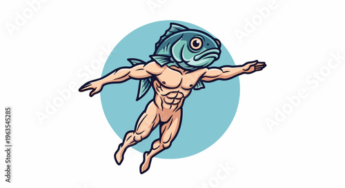 Muscular figure with fish head flying against blue circle