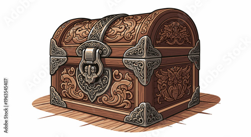 Ornate, antique wooden chest with metal accents sits on wooden floorboards