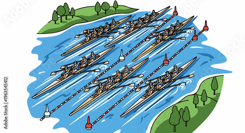 Multiple racing boats with rowers propel through a blue body of water