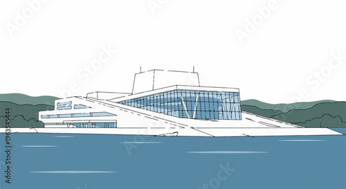 Modern architectural building with glass facade on blue water, behind green hills