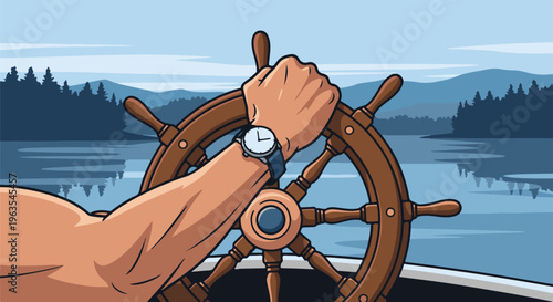 Person gripping wooden ship's wheel on calm water, facing distant forest