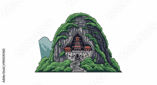 Ornate temple nested within a verdant, rocky mountain cave