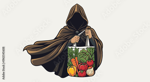 Mysterious hooded figure with bag full of fresh colorful vegetables
