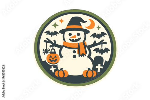 Snowman displays Halloween spirit with pumpkin and bats at a festive gathering in a backyard during autumn
