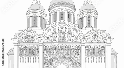 Ornate architectural drawing of a grand cathedral facade with domes and detailed sculptures