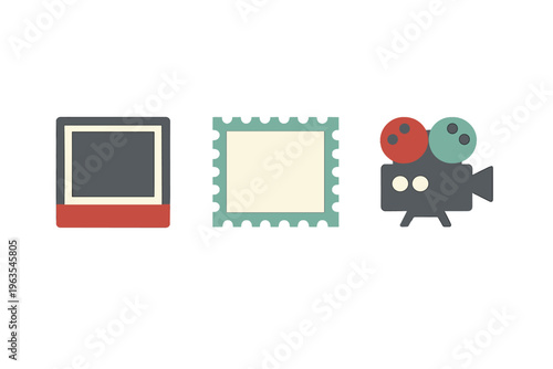 Icons of retro technology with a television, a stamp, and a movie camera placed side by side in a simple layout on a white background