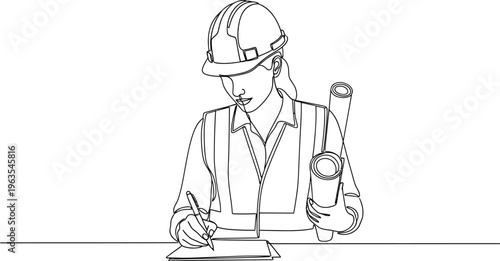 Continuous line drawing of female engineer in hard hat working on plans.