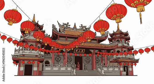 Ornate traditional temple adorned with numerous red lanterns during a festival