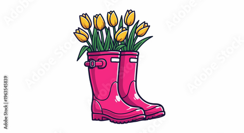 Pair of pink boots holding yellow tulips