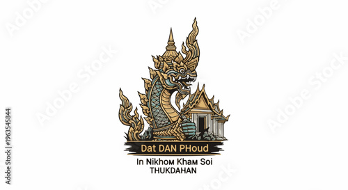 Mythical serpent entwined with an ornate building