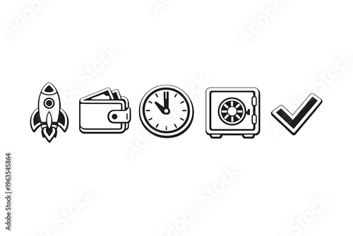 Symbols of progress, finance, and security used in digital communication for ideas around growth and investment strategies