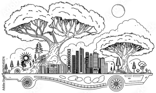 Eco friendly sustainable city growing on a vehicle surrounded by trees for environmental concept art, green urban planning, and sustainability campaigns