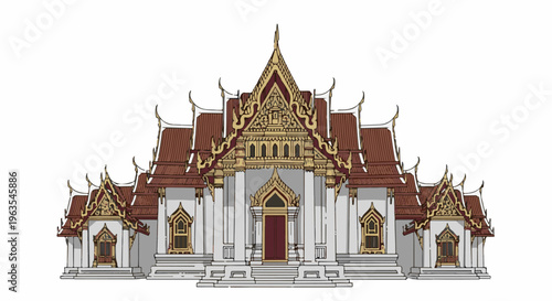 Ornate traditional temple building with tiered, curved roofs and golden details