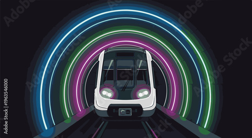 Modern train emerging from a brightly lit tunnel with colorful rings