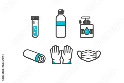 Various health and hygiene items shown including test tubes, water bottles, sanitizer, towels, hands, and a mask