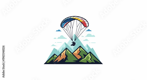 Paraglider soaring above vibrant mountains against a sky with clouds