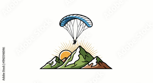 Paraglider soaring over snow-capped mountains at sunrise