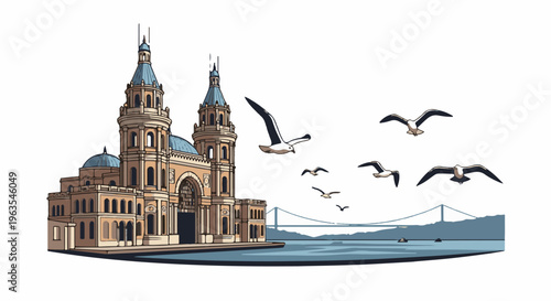 Ornate waterfront building with blue domes and seagulls flying over water