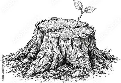 A tree stump with a small plant growing out of it in a natural setting