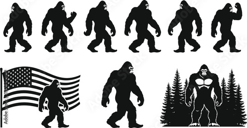 Bigfoot silhouettes in walking and forest scenes, vector illustration of Sasquatch cryptid with American flag for mythical, cultural, and design concepts